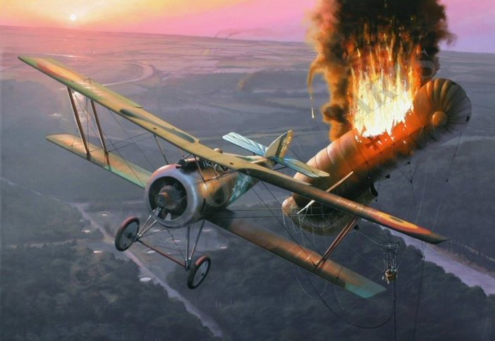 This Painting Is Entitled 'Last Kill Of The Day' By Ivan Berryman. Coppens Is Shown Here In Hanriot HD.1 No24 Destroying A German Drachen Balloon In The Closing Minutes Of The Day Near Houthulst