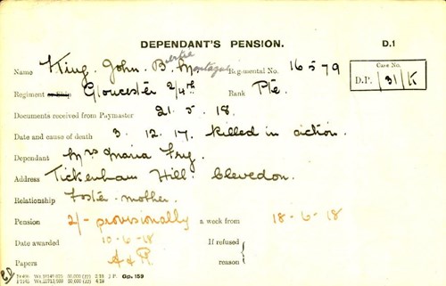 John King Pension Record Card