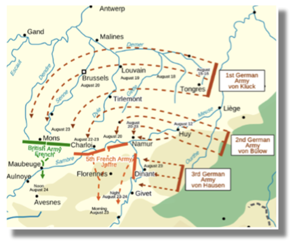 Map showing the German advance through Belgium, after the Battle of Liège in early August 1914