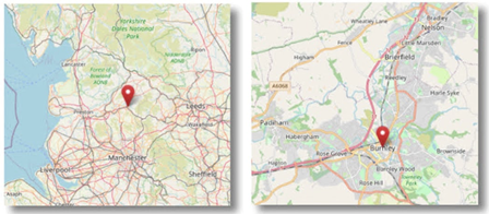 Location of Burnley in the north west of England (cc OpenStreetMap)