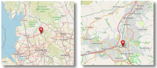 Location of Burnley in the north west of England (cc OpenSteetMap)