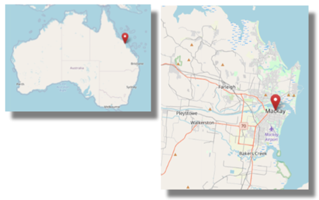 Location of Mackay, Queensland in north eastern Australia (cc OpenStreetMap)