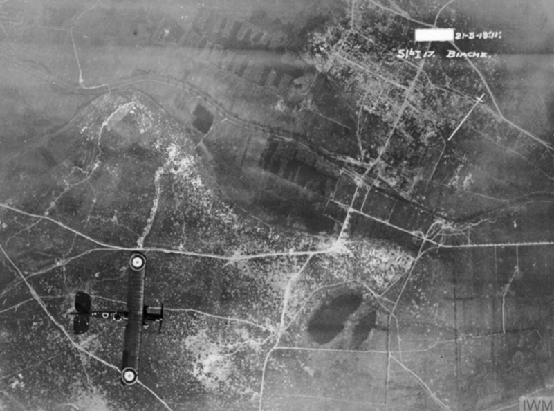Airco DH 4 flying over a heavily-shelled area south of the River Scarpe near Biache-Saint-Vaast (upper right), east of Arras. © IWM HU 91047