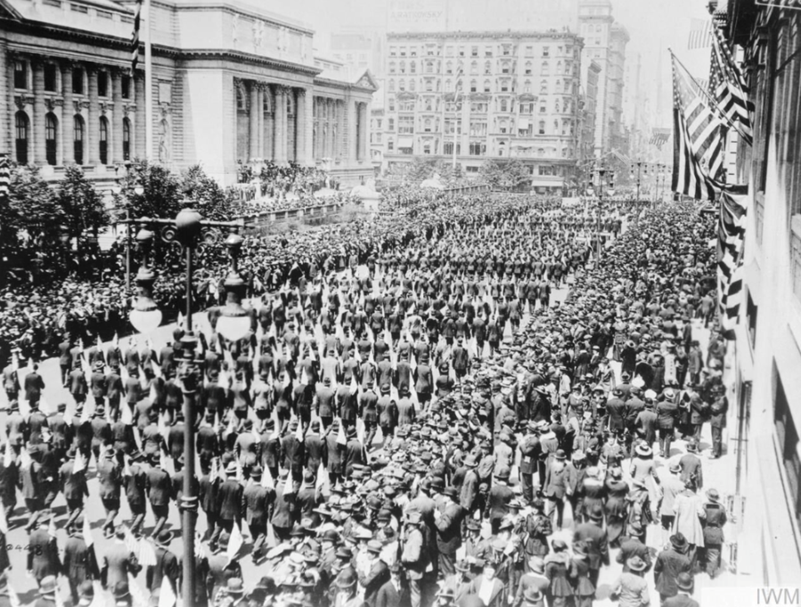 150 000 men passing the New York Public Library, watched by large crowds, during the Preparedness Parade in New York, 13 May 1916.