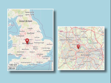 Location of West Bromwich, historically part of Staffordshire (cc OpenStreetMap)