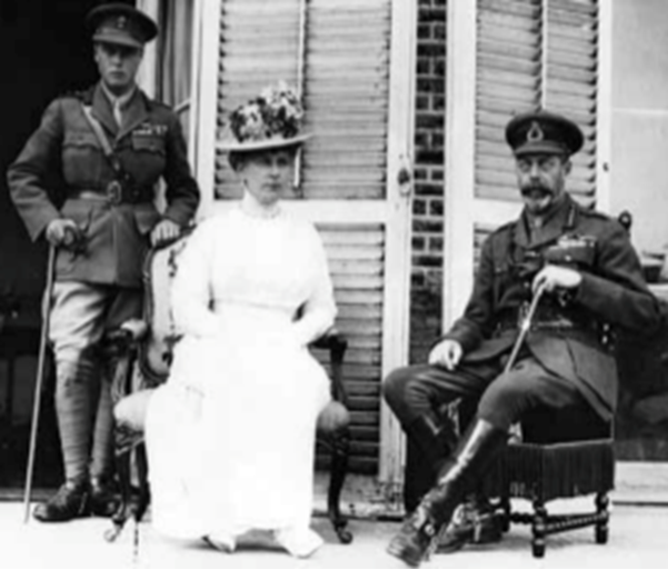 King George V, Queen Mary and their eldest son, the future Edward VIII, during a royal visit to the Western Front, 1917, from the Field Marshal Earl Haig Collection, National Library of Scotland, C2062.