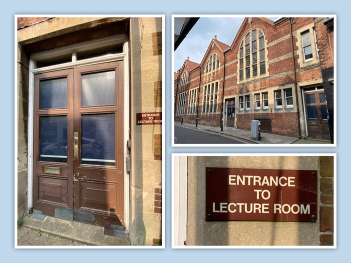 The Town Hall from Fisher Street with the ground floor entrance to the first floor Lecture Room