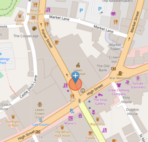 Location of the entrance to the Lecture Room, on Fisher Street around the left hand side of Lewes Tourist Office and the Town Hall (CC Open Street Map)