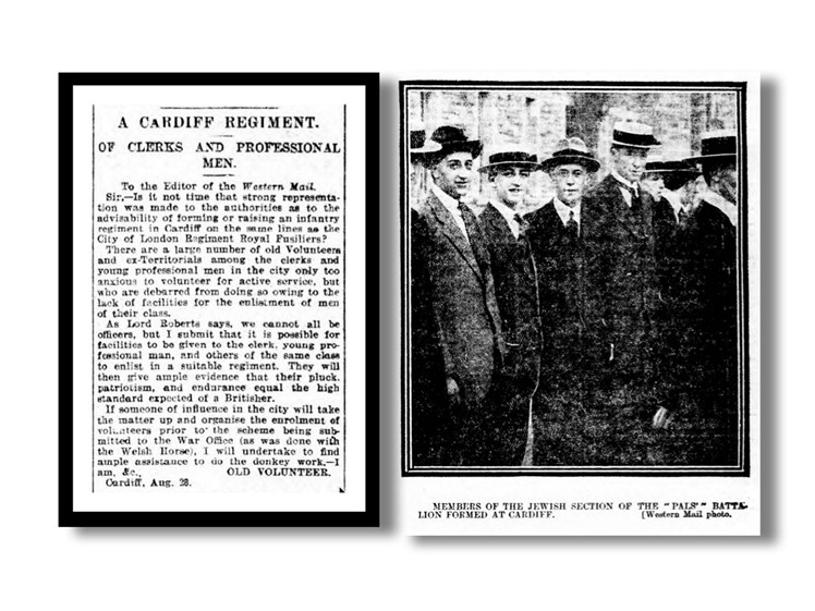 Cuttings from The Western Mail showing recruitment of Cardiff Pals and the 'Jewish Section'
