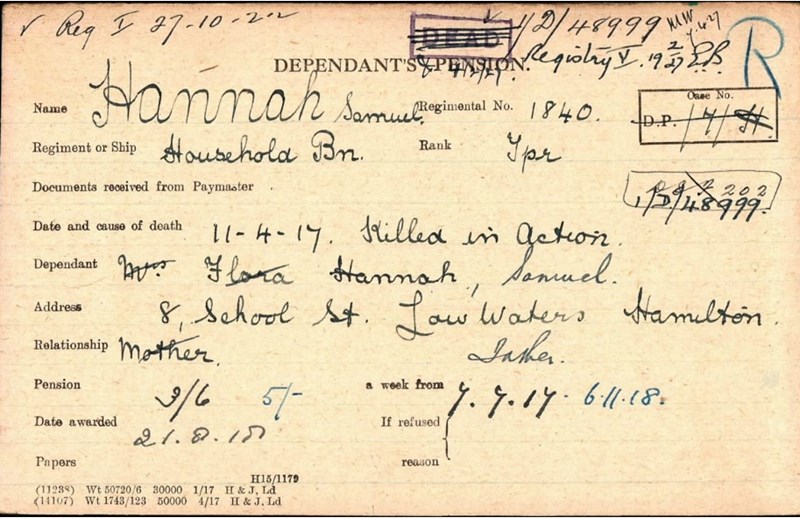 Pension Card for Samuel Hannah from the WFA Fold3 archive on Ancestry
