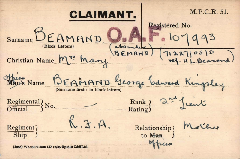 Pension Card for George Beamand from The Western Front Association Archive on Fold3 by Ancestry
