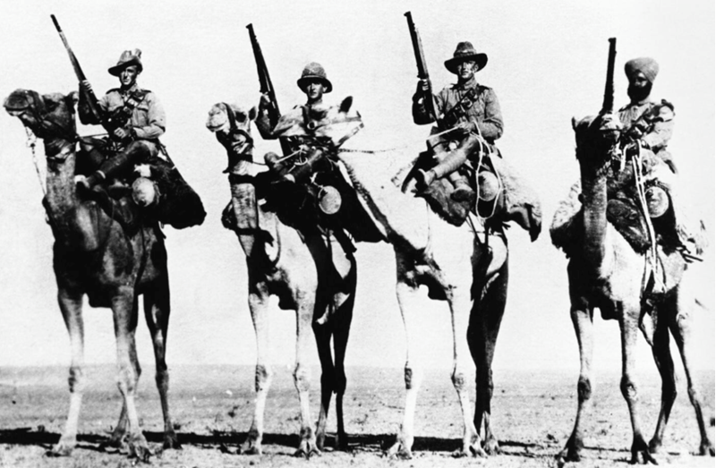 Guerrilla Operations 1918: The 'Imperial' nature of the Camel Corps in 1918; mounted troops from left to right, the Australian, British, New Zealand and Indian sections. © IWM Q 105525