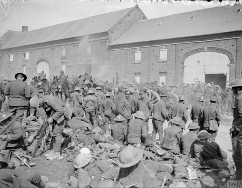 Battle of Rosières (Operation Michael). Concentration of the British 17th Division at Hénencourt as the V Corps reserve after evacuation. 26 March 1918.