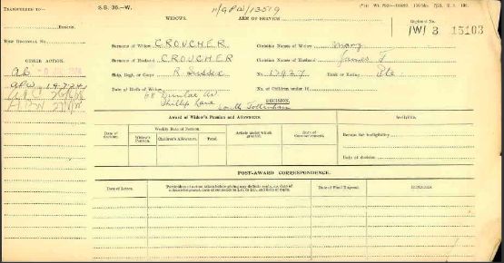 Pension Record Card for Pte James F Croucher from The WFA archive on Fold3 by Ancestry