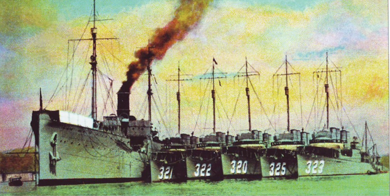 Coloured postcard of five Clemson class destroyer alongside their tender about 1930 . The vessels are as follows: USS Chase (DD-323), USS Mullany (DD-235), USS Selfridge (DD-320), USS Mervine (DD-322) and USS Marcus (DD-321) alongside their unidentified tender.