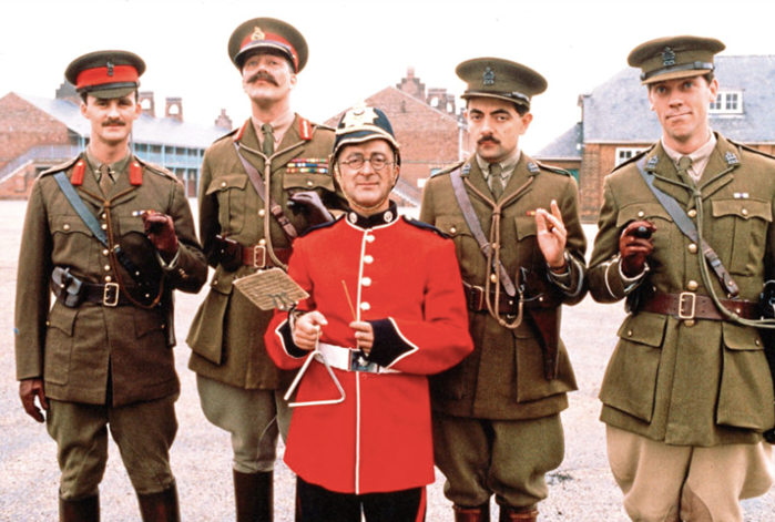 Captain Darling, General Sir Anthony Cecil Hogmanay Melchett, Private Baldrick, Captain Edmund Blackadder, Lieutenant The Honourable George Colthurst St. (BBC)