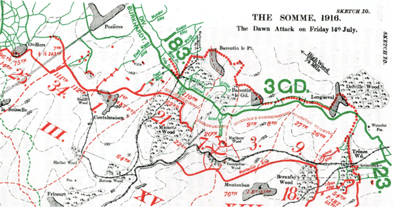 Mametz Wood & German Lines after the capture of Mametz Wood. Source The Official History.