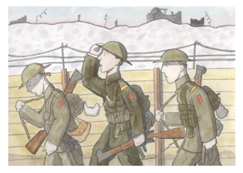 An artist's depiction of Henry Nichols and men of The 1/6th Battalion, The Royal Warwickshire Regiment going up the line for the first time close to Ovillers in August 1916