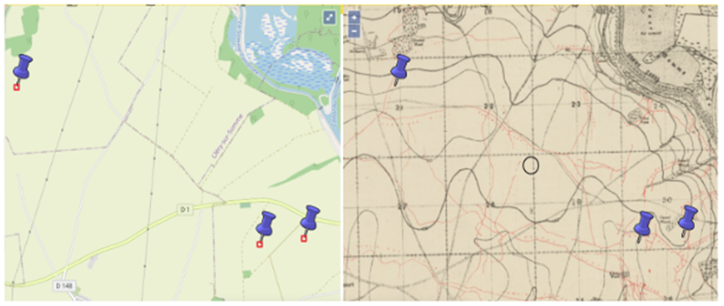 Location of Regimental Aid Posts supporting respective units of The 143rd Infantry Brigade during their tour of Biaches in February 1917 and March 1917