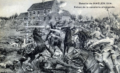 The Battle of Halen on 12 August 1914 as depicted in a postcard illustration of the time