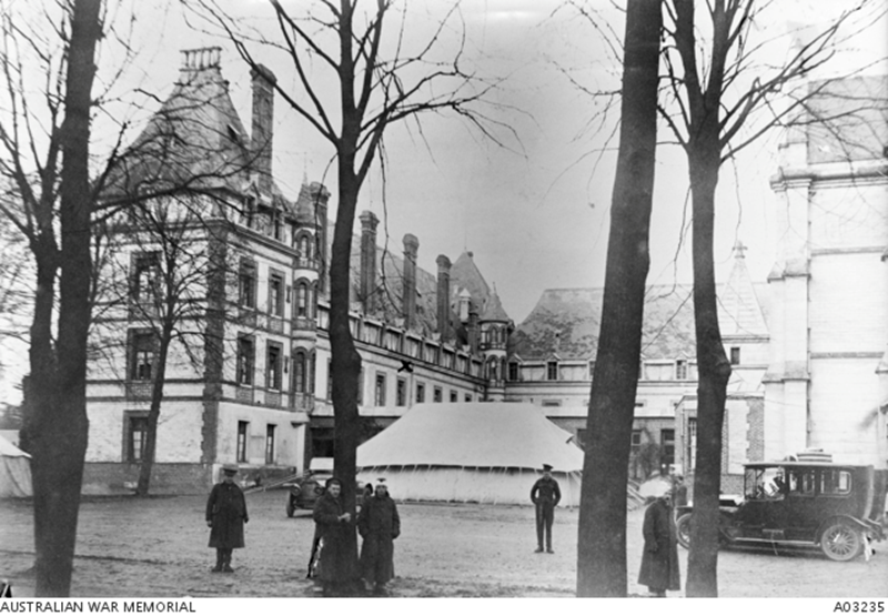 Convalescent soldiers outside No 8 General Hospital at Rouen in France.