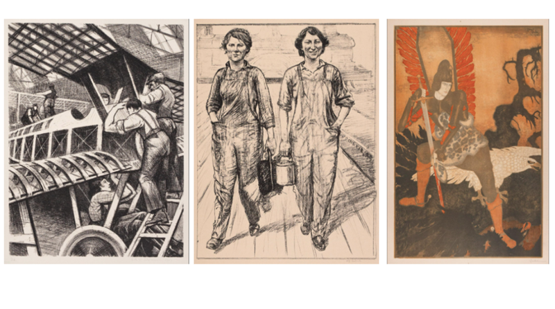 Three prints which feature in the Abbot & Holder exhibition of lithographs commissioned during the First World War