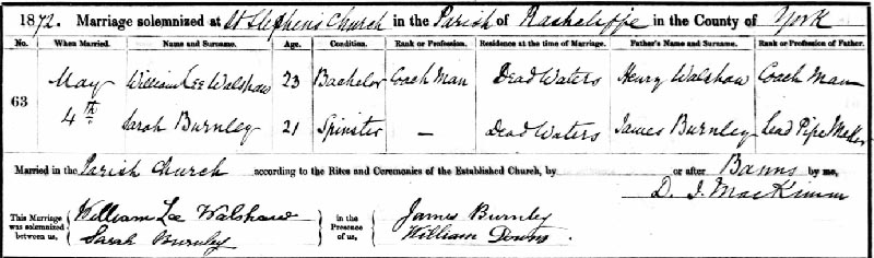 Church Registry Entry For The Marriage Of William Lee Walshaw And Sarah Burnley