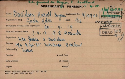 The Pension Record Card For Harold Davidson The CWGC Entry Tells Us He Was 'Attached' To The London Scottish. He Is Buried At St Sever Cemetery Extension, Rouen.