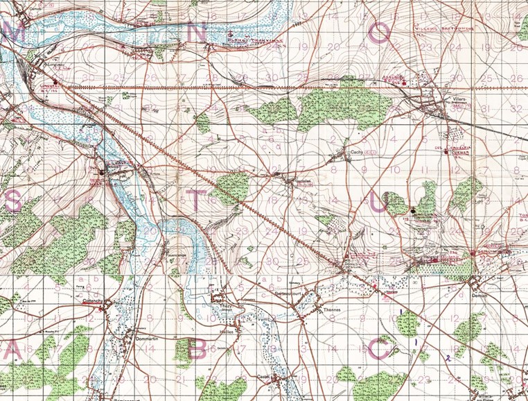 Map from Mapping the Front showing the location of cemeteries and Dressing Stations in the area.
