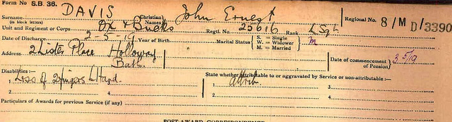 Private John E Davis Pension Card