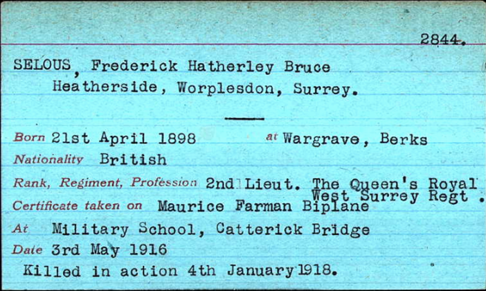 Captain Frederick Courtenay Selous Son Frederick Card