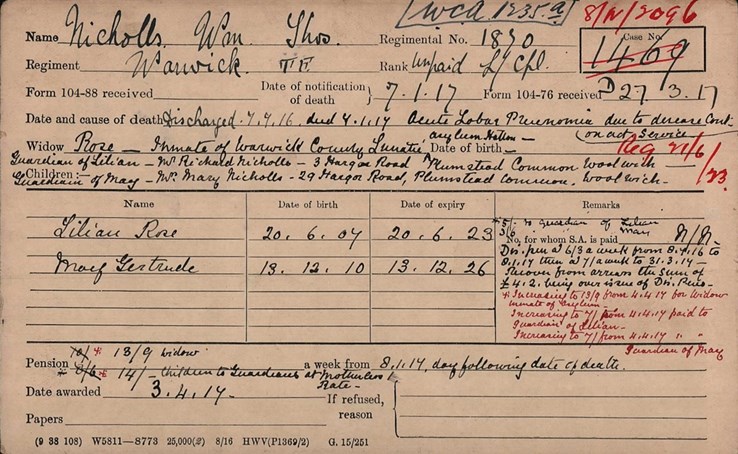 Card For Rose, The Widow Of William Thomas Nicholls