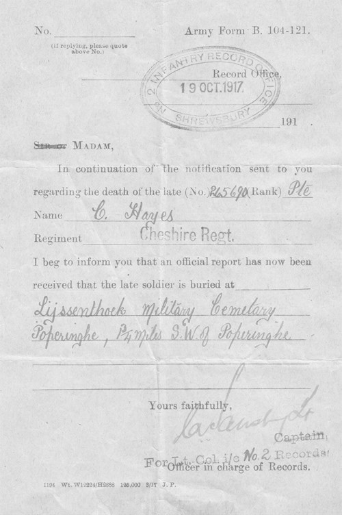 Army Form B104:121 From Infantry Records Office 19Th October 1917