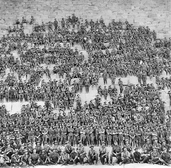 Group Portrait Of The Australian 11Th (Western Australia) Battalion, 3Rd Infantry Brigade, Australian Imperial Force Posing On The Great Pyramid Of Giza