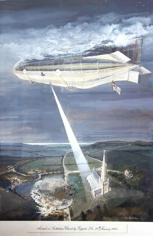 Painting “Air Raid On Snettisham Church By Zeppelin L4, 19Th January 1915” By Ben Mullarkey