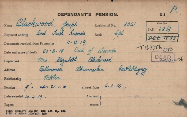 Joseph Blackwood Pension Card