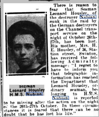 A Newspaper Cutting Referring To The Death Of Ordinary Seaman Leonard Housley On The Nubian