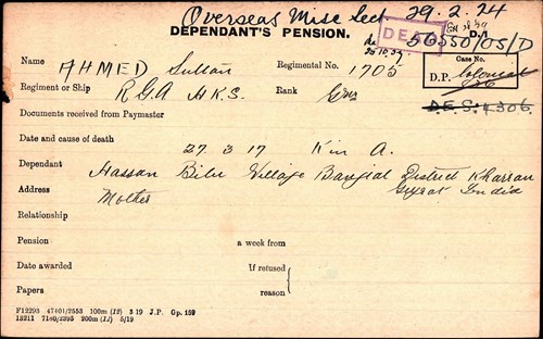 Sultan Ahmed Pension Record Card