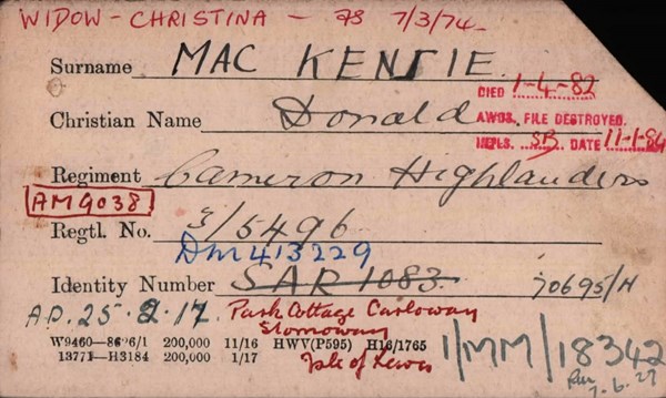 Donald Mckenzie 'Other Ranks Survived' Card