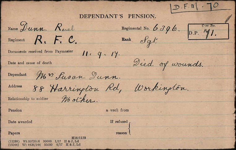 Reuel Dunn Pension Record Card