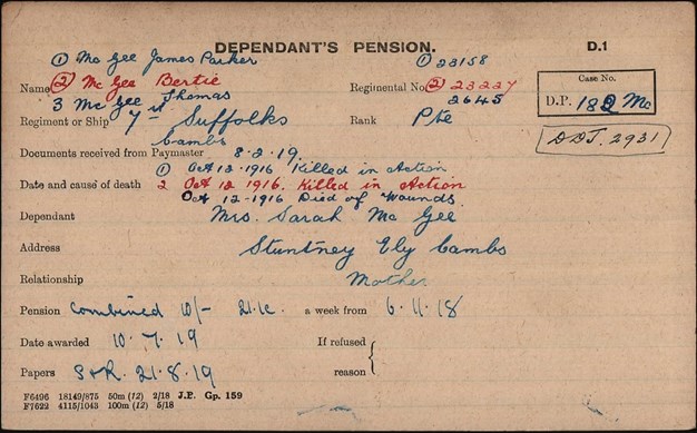 The Pension Card Showing The Death Of The Three Brothers On The Same Date.