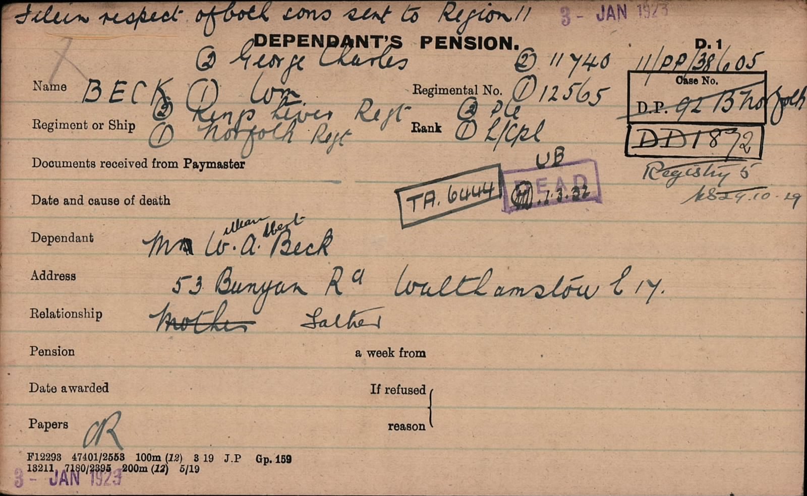 William Beck Pension Card