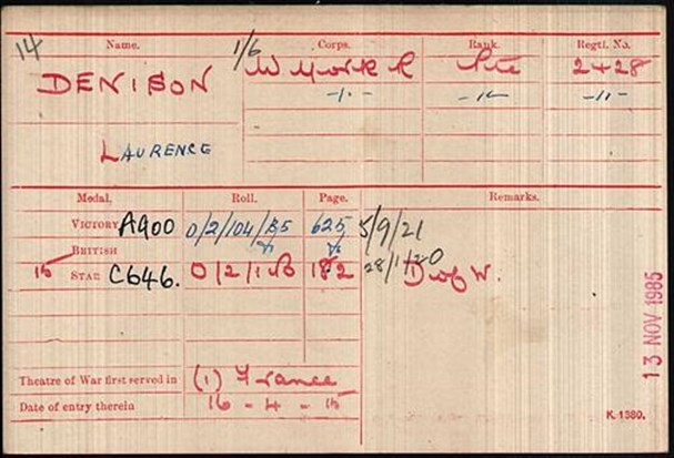 Denison Medal Roll Index Card