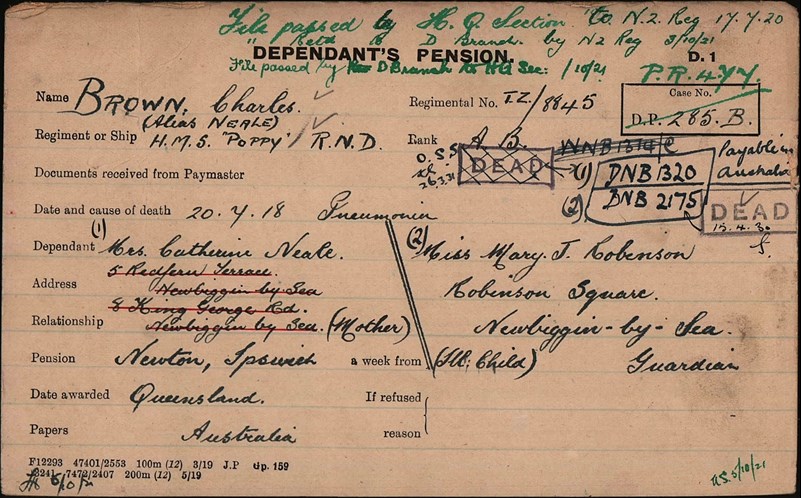 Charles Brown (Alias Neale) Pension Record Card