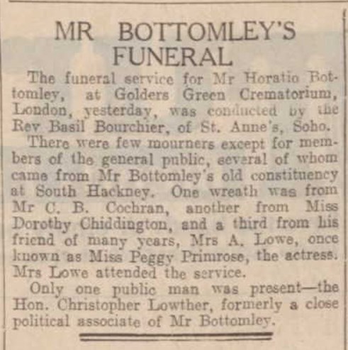 Details of Bottomley's funeral in the Hull Daily Mail of 31 May 1933