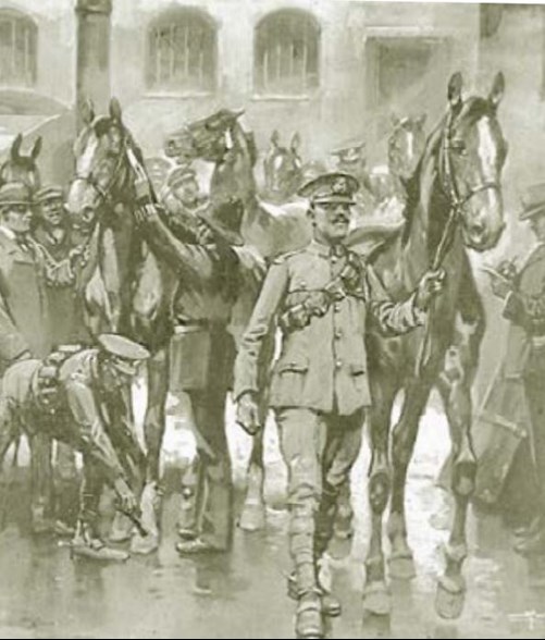 Wanted for the Army. Collecting and branding horses for troops at the stables of W H Smith, the famous newsagents, on the outbreak of the First World War. Date: 1914. (Mary Evans Picture Library)