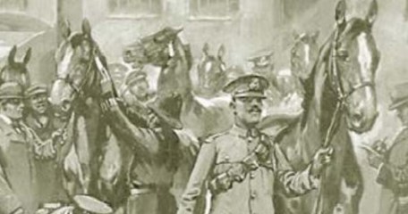 Wanted for the Army. Collecting and branding horses for troops at the stables of W H Smith, the famous newsagents, on the outbreak of the First World War. Date: 1914. (Mary Evans Picture Library)