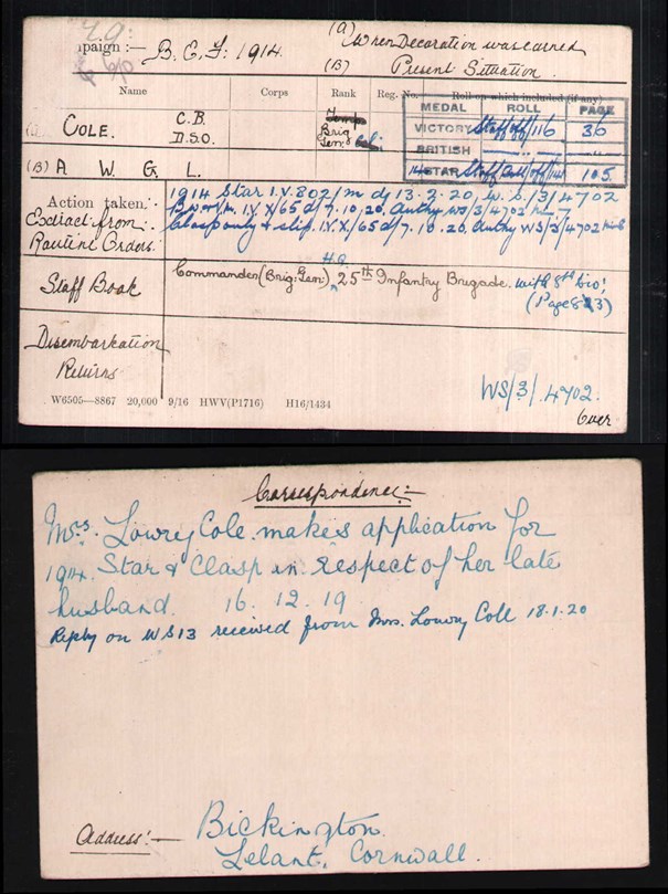 The Medal Index Card Of Brigadier General Lowry Cole.