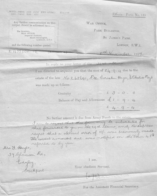 Revised War Office Effects Form 135, 29Th October 1917