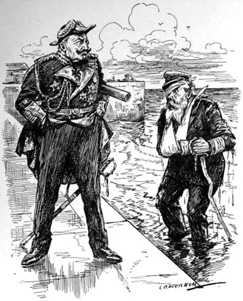 'Punch' (3 February 1915) Published A Cartoon Showing The Head Of The German Navy, Admiral Tirpitz, Coming Ashore To Be Met By An Unhappy Kaiser Wilhelm.